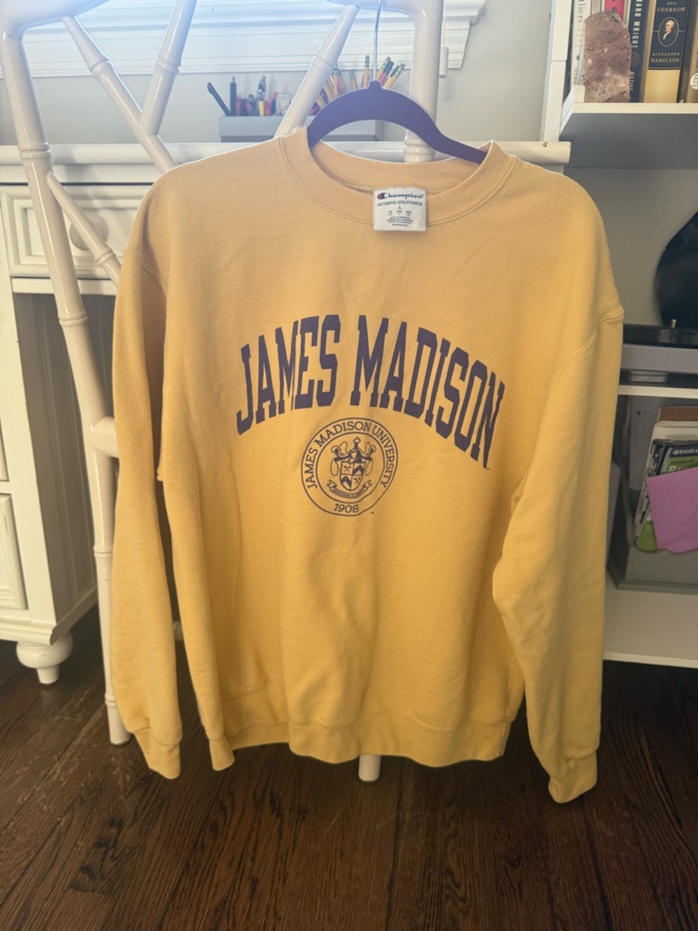 Champion Yellow James Madison University Crewneck Sweatshirt with Purple Print